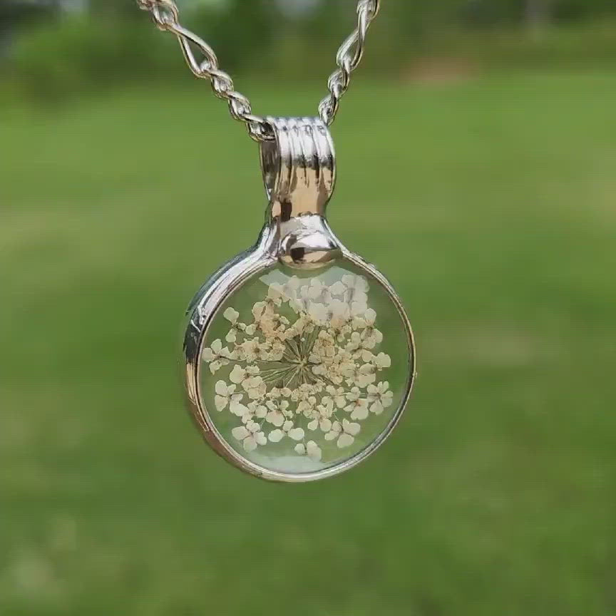 Queen Annes Lace Pendant in Shiny Silver finish. Truly Hand Made in USA by Artisans at Bayou Glass Arts in Louisiana. 
