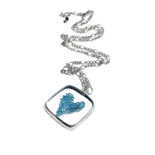 Blue fused glass heart inside square pendant. Aqua bubble heart. High Quality plated fully adjustable figaro chain. Best Gift for wife, girlfriend, wife, love