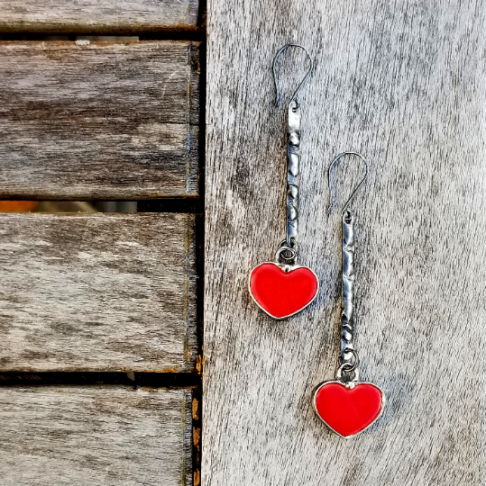  Handmade red ceramic heart dangle long earrings have lots of fun movement. Truly hand made in USA by Louisiana Artisan at Bayou Glass Arts Studio.
