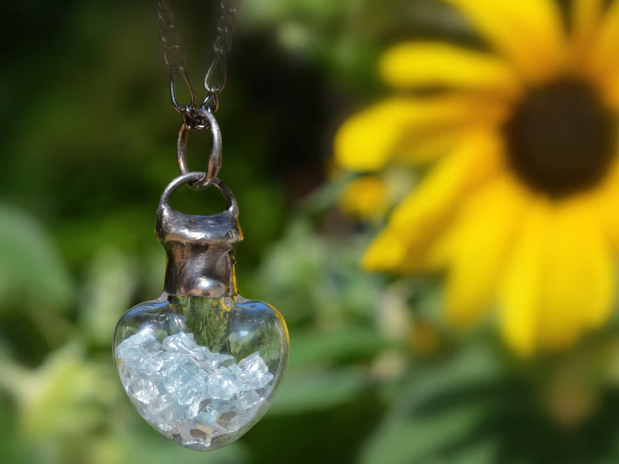 Hollow Glass Heart filled with crushed glass shards. Shaker pendant Truly Hand Made in USA by Louisiana Artisan at Bayou Glass Arts Studio