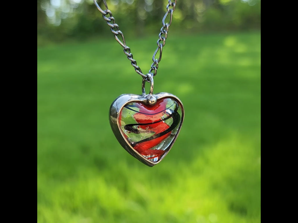 Red and Black Swirled Glass Heart Pendant Truly Hand Made in USA by Louisiana Artisan at Bayou Glass Arts studio.