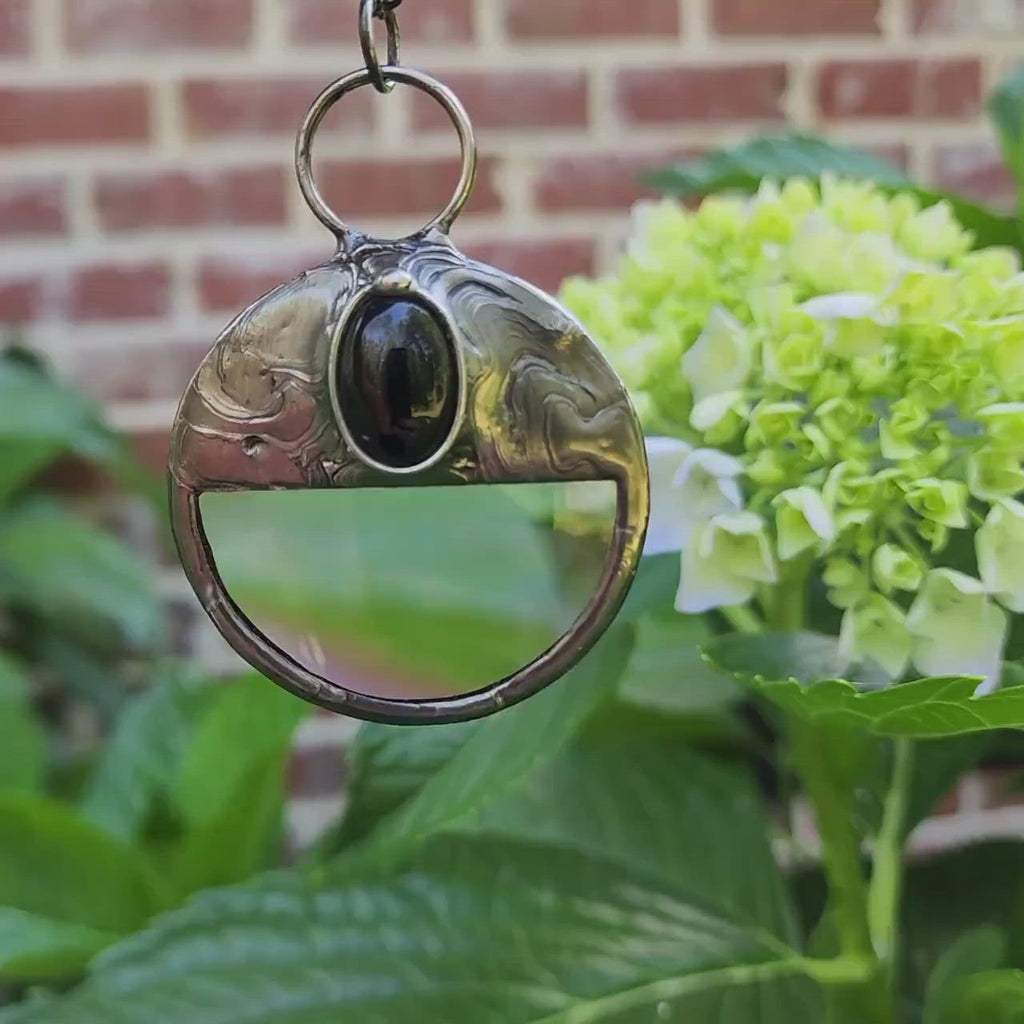 Video of Real Magnifying Glass Pendant with Black Obsidian Inset. Truly Handmade in USA by Louisiana Artisan at Bayou Glass Arts Studio.