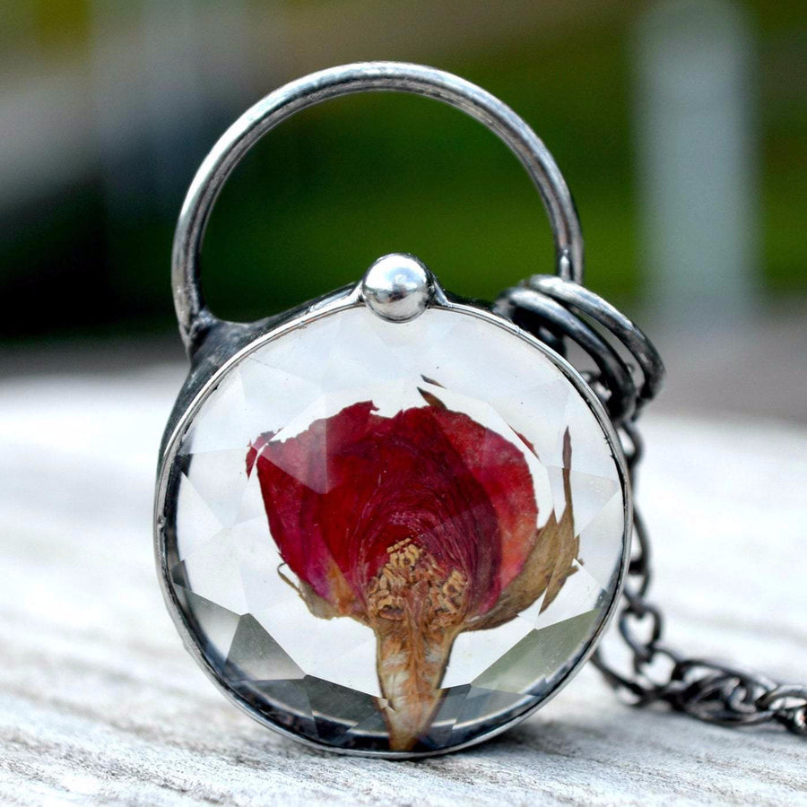 Real dry pressed flower red rose pendant necklace. Faceted glass. Truly hand made in USA by Louisiana artisan at Bayou glass arts studio.