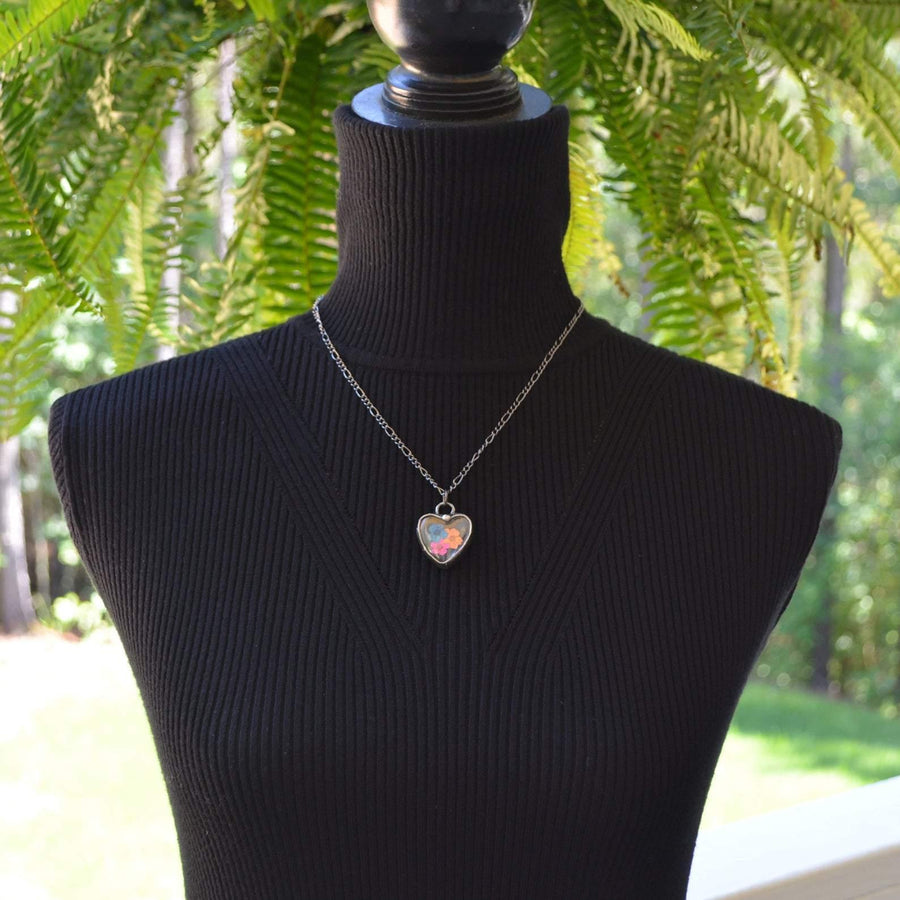 bust_showing_length_24_inch_chain_with_multi_colored_pressed_flower_Heart_pendant