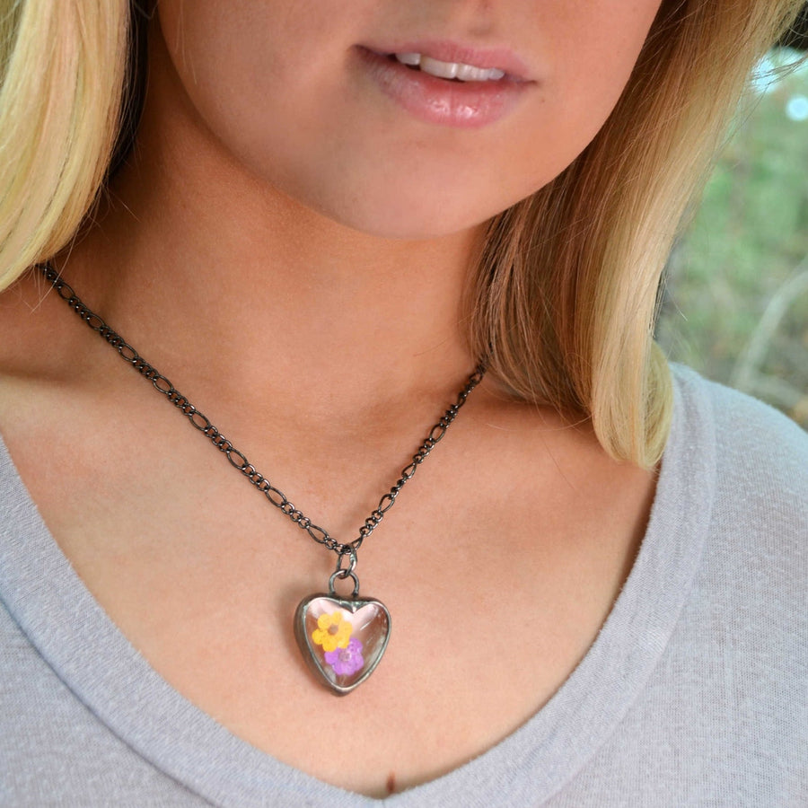 Model wearing Purple and Yellow Flower Heart Pendant Necklace, Hand Made in USA