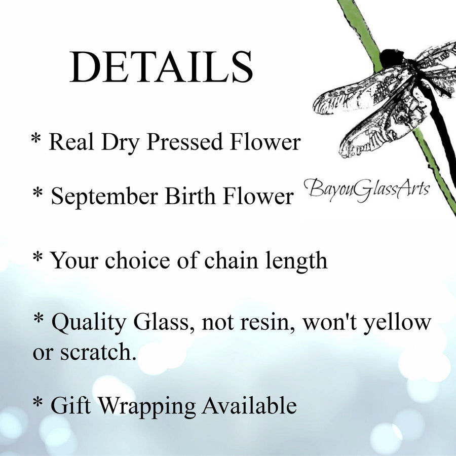 Detail page for large Yellow Aster pressed Flower necklace.