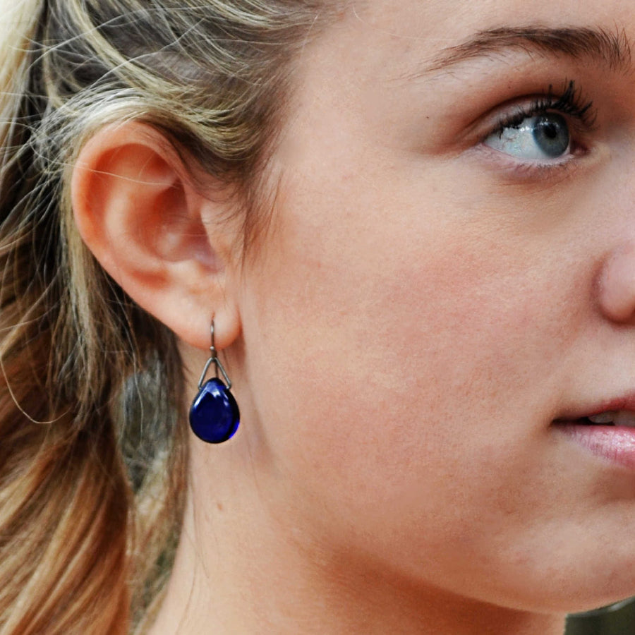 Royal Blue Teardrop Dangle Earring on Sterling Silver wires and findings. Handformed and Created by Louisiana Artisans at Bayou Glass Arts in USA