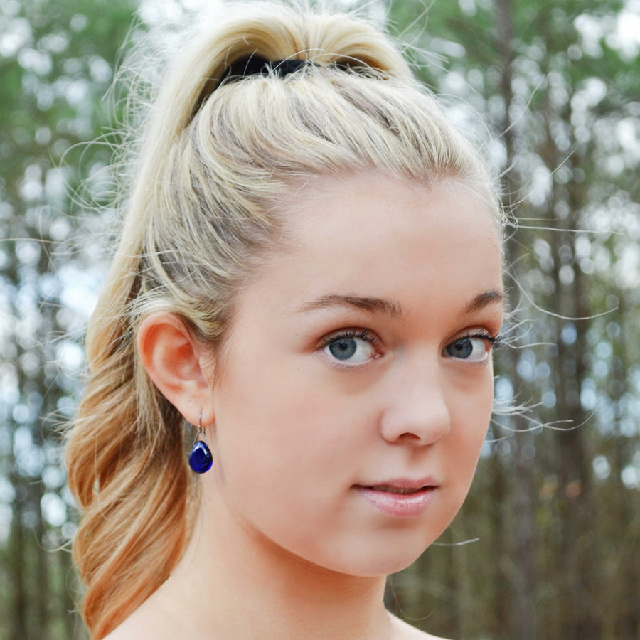 Royal Blue Teardrop Dangle Earring on Sterling Silver wires and findings. Handformed and Created by Louisiana Artisans at Bayou Glass Arts in USA