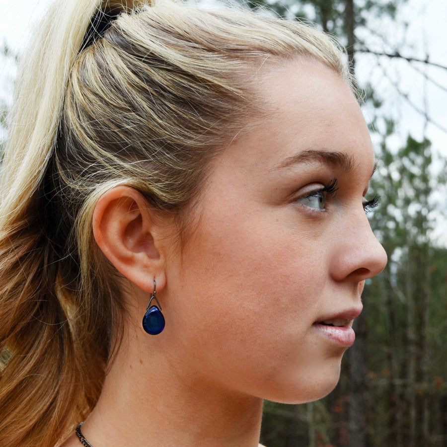 Royal Blue Teardrop Dangle Earring on Sterling Silver wires and findings. Handformed and Created by Louisiana Artisans at Bayou Glass Arts in USA