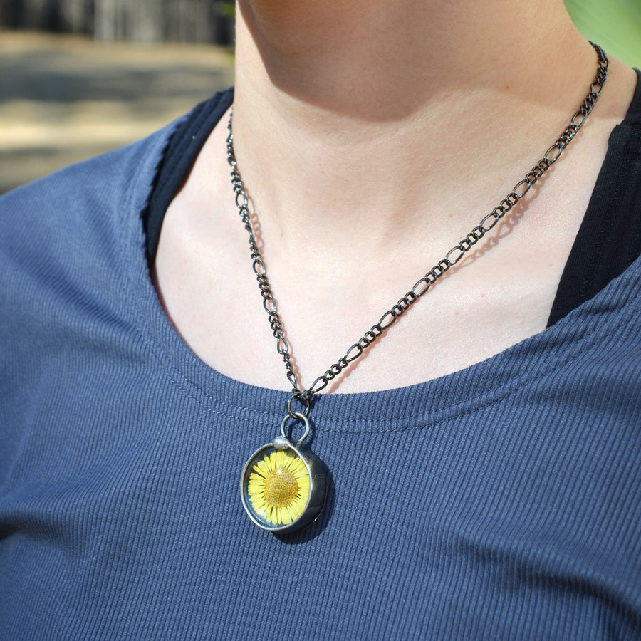 Yellow Aster Pressed Flower Necklace Handmade by Louisiana Artisans at Bayou Glass Arts. 