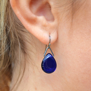 Royal Blue Teardrop Dangle Earring on Sterling Silver wires and findings. Handformed and Created by Louisiana Artisans at Bayou Glass Arts in USA