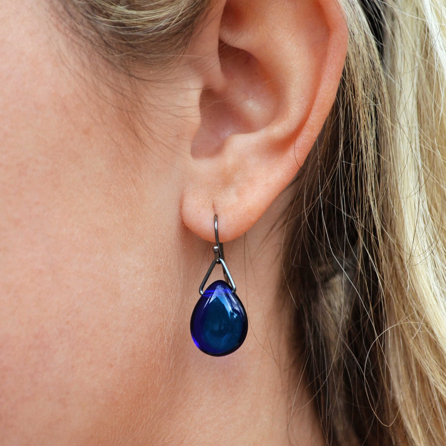 Royal Blue Teardrop Dangle Earring on Sterling Silver wires and findings. Handformed and Created by Louisiana Artisans at Bayou Glass Arts in USA