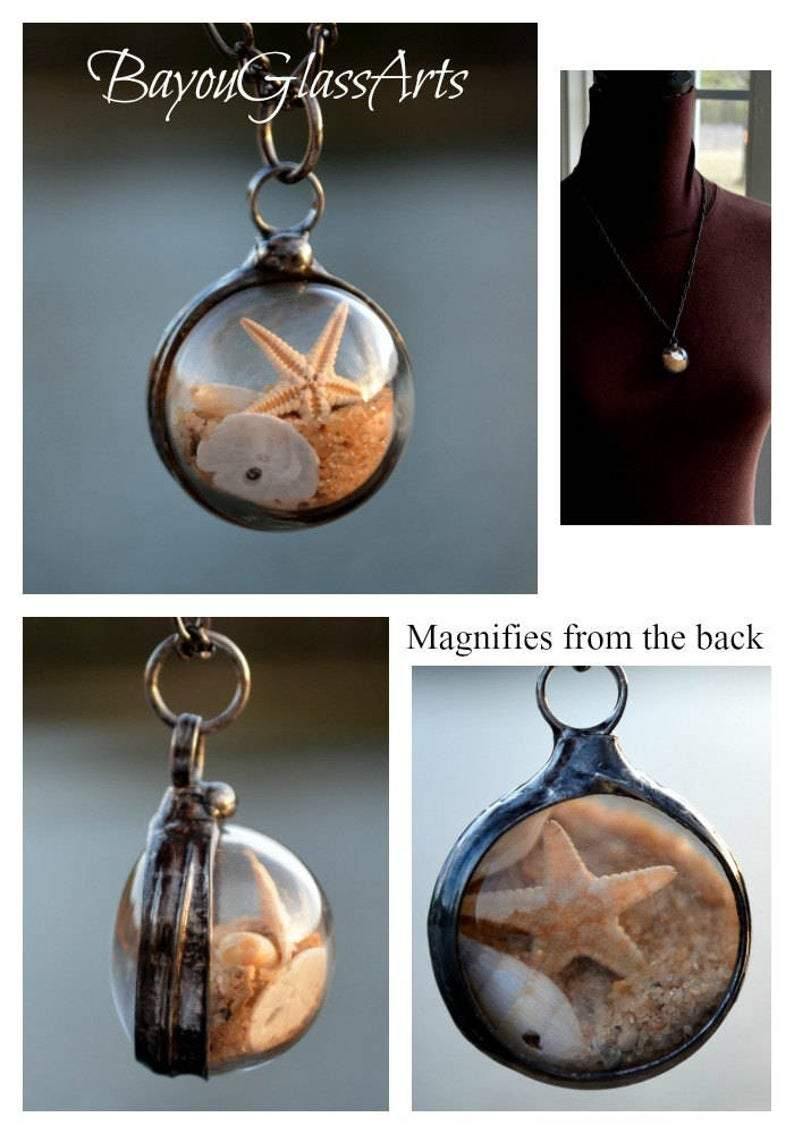 Collage_of_Beach_Terrarium Beach Terrarium Orb Necklace filled with starfish sand and shells. One side is magnified. Loose items create this shaker pendant. Truly Hand Made in USA by Louisiana Artisan at Bayou Glass Arts. Great gift for Mom wife girlfriend grandmother sister Christmas Birthday