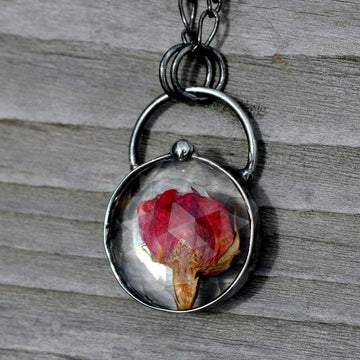 Real Red_Rose_Oxidized_Silver_Necklace. Dry pressed flower under glass. Truly Hand Made in USA by Louisiana artisan at Bayou Glass Arts studio.