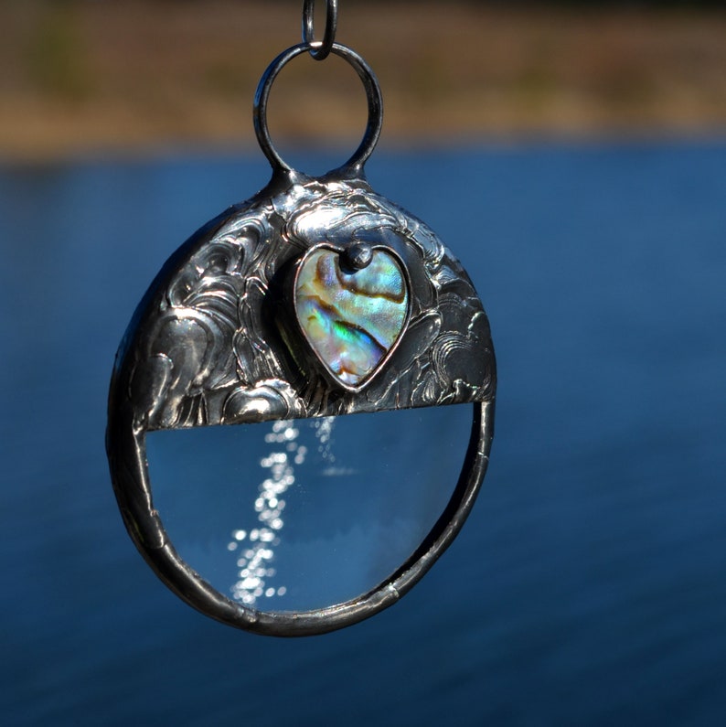 Real Magnifying Glass with Abalone Heart Inset. Truly Handmade in USA by Louisiana Artisan at Bayou Glass Arts Studio.