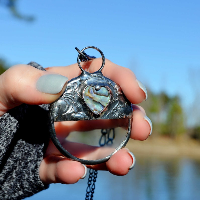 Real Magnifying Glass with Abalone Heart Inset. Truly Handmade in USA by Louisiana Artisan at Bayou Glass Arts Studio.