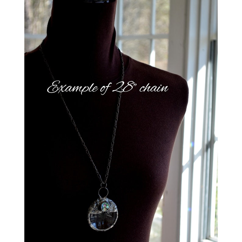Real Magnifying Glass with Abalone Heart Inset shown on bust with 28 inch chain. Truly Handmade in USA by Louisiana Artisan at Bayou Glass Arts Studio.