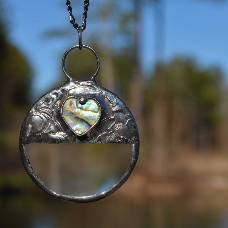 Real Magnifying Glass with Abalone Heart Inset. Truly Handmade in USA by Louisiana Artisan at Bayou Glass Arts Studio.