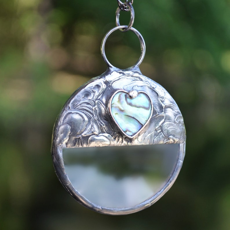 Real Magnifying Glass with Abalone Heart Inset. Truly Handmade in USA by Louisiana Artisan at Bayou Glass Arts Studio.