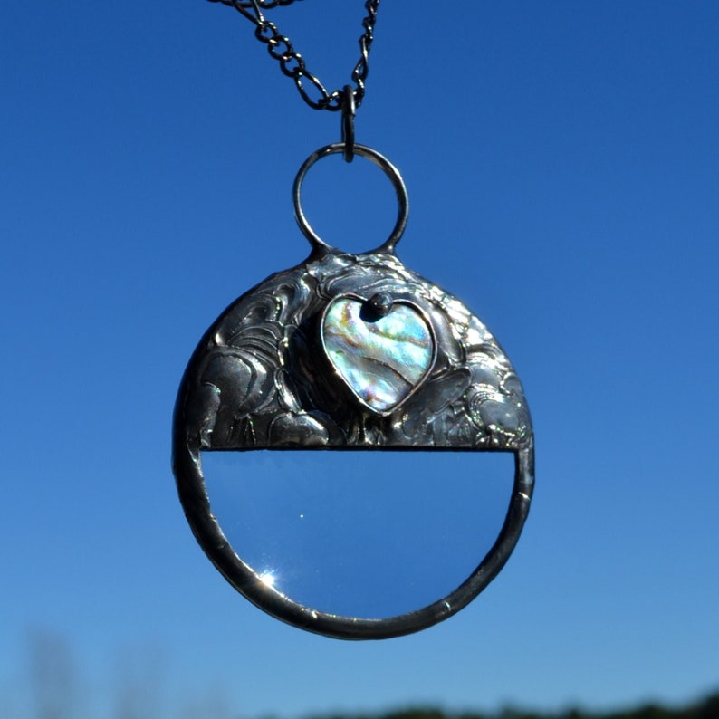 Real Magnifying Glass with Abalone Heart Inset. Truly Handmade in USA by Louisiana Artisan at Bayou Glass Arts Studio.