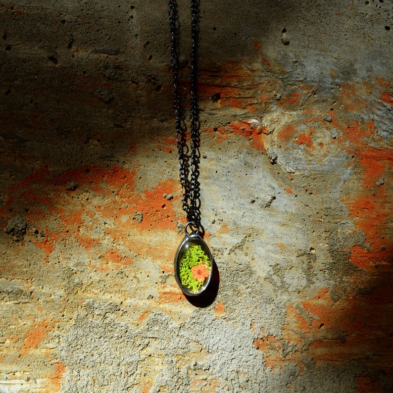 Cottagecore Jewelry, Moss with Flower Pendant Necklace for Women, Handmade by Louisiana Artisans at Bayou Glass Arts in USA