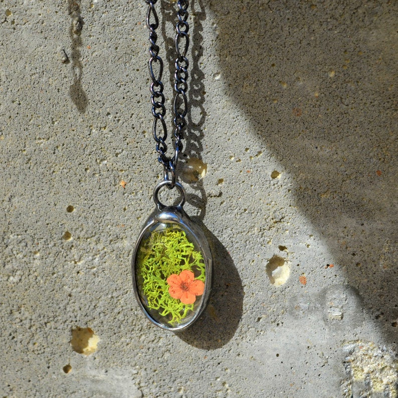 Cottagecore Jewelry, Moss with Flower Pendant Necklace for Women, Handmade by Louisiana Artisans at Bayou Glass Arts in USA