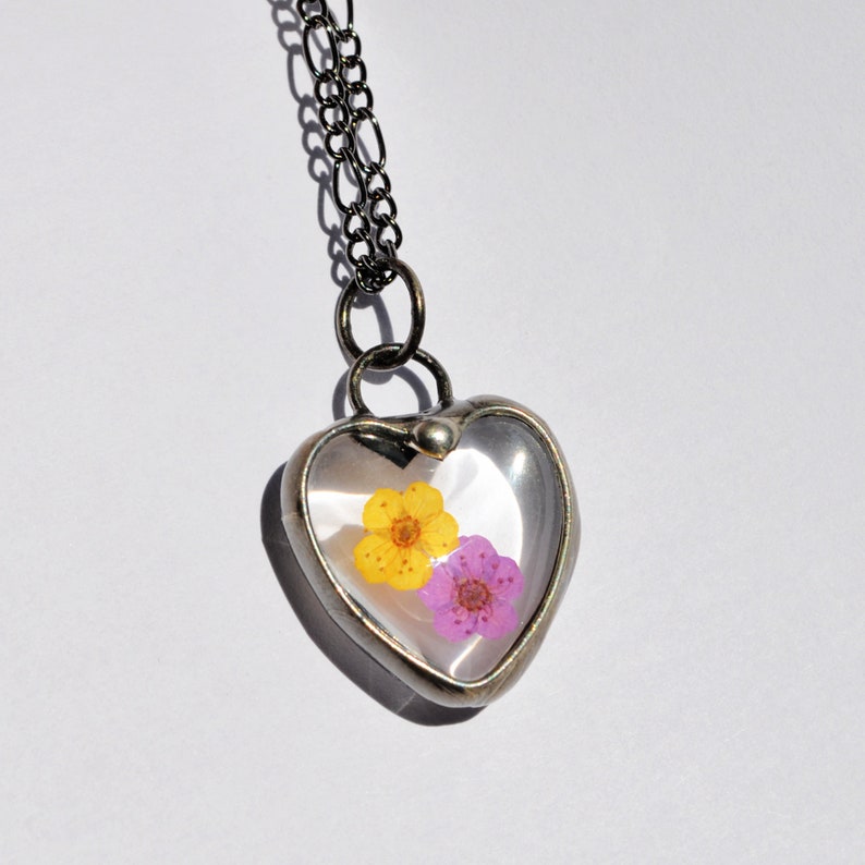 Purple and Yellow Flower Heart Necklace, Glass encased pressed Flowers, Hand Made in USA