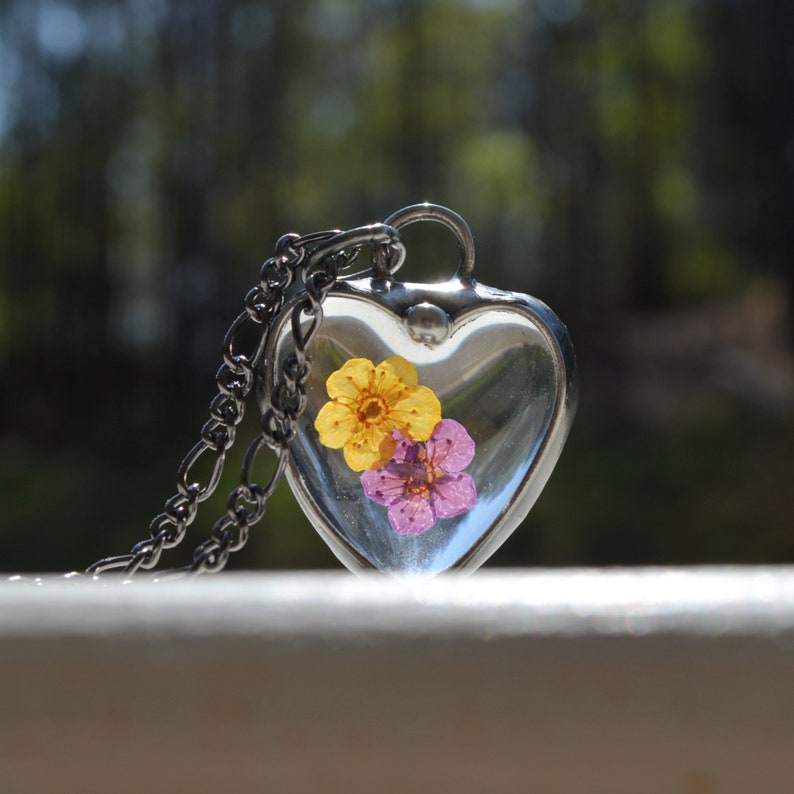 Purple and Yellow Forget Me Not Heart Necklace, delicate yet heavy pendant. Hand Made in USA by Louisiana Artisans at Bayou Glass Arts