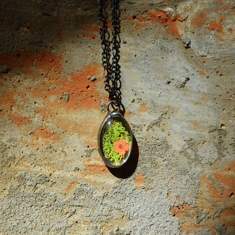 Cottagecore Jewelry, Moss with Flower Pendant Necklace for Women, Handmade by Louisiana Artisans at Bayou Glass Arts in USA