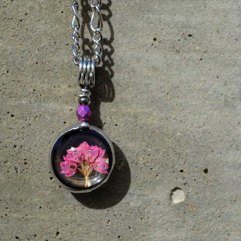 tiny scottish heather charm necklace handcrafted by Louisiana Artisans at Bayou Glass Arts in USA