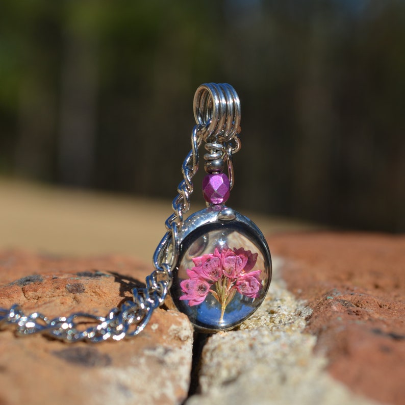 tiny scottish heather charm necklace handcrafted by Louisiana Artisans at Bayou Glass Arts in USA Pressed Flower Terrarium jewelry Truly Hand Made in USA by Louisiana Artisans at Bayou Glass Arts Studio