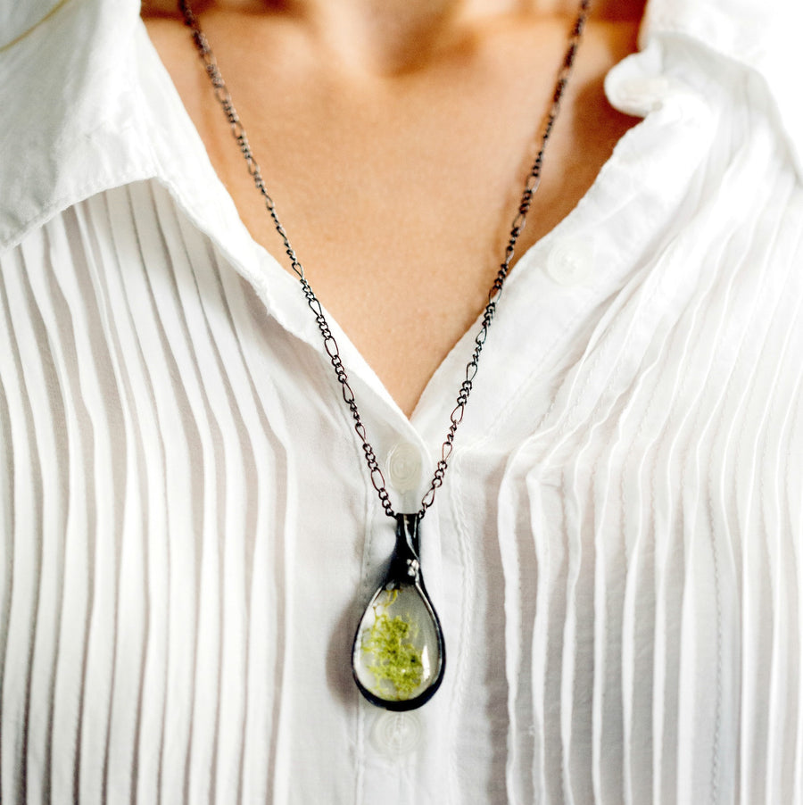 Real Moss Necklace hand made in USA by Louisiana Artisan at Bayou Glass Arts Studio. Terrarium jewelry. Green gifts for women