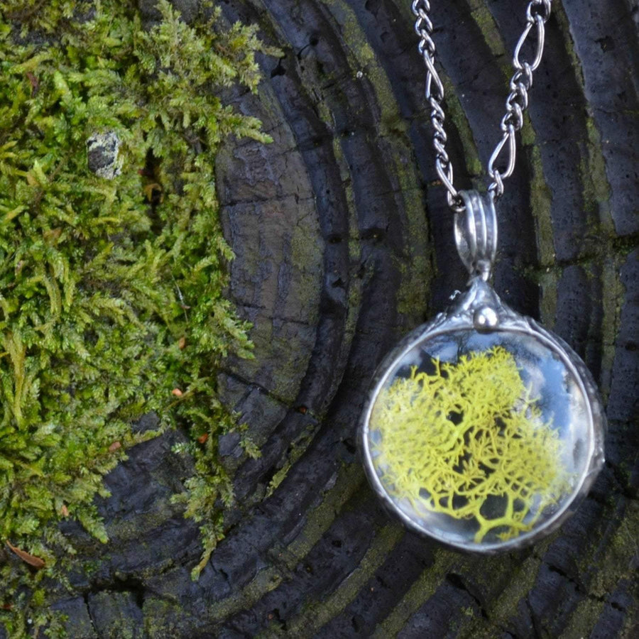 Handmade_Moss_Terrarium_Pendant necklace. Green gift for her wife girlfriend nature lover. Hand Made in USA by Louisiana Artisan at Bayou Glass Arts studio.
