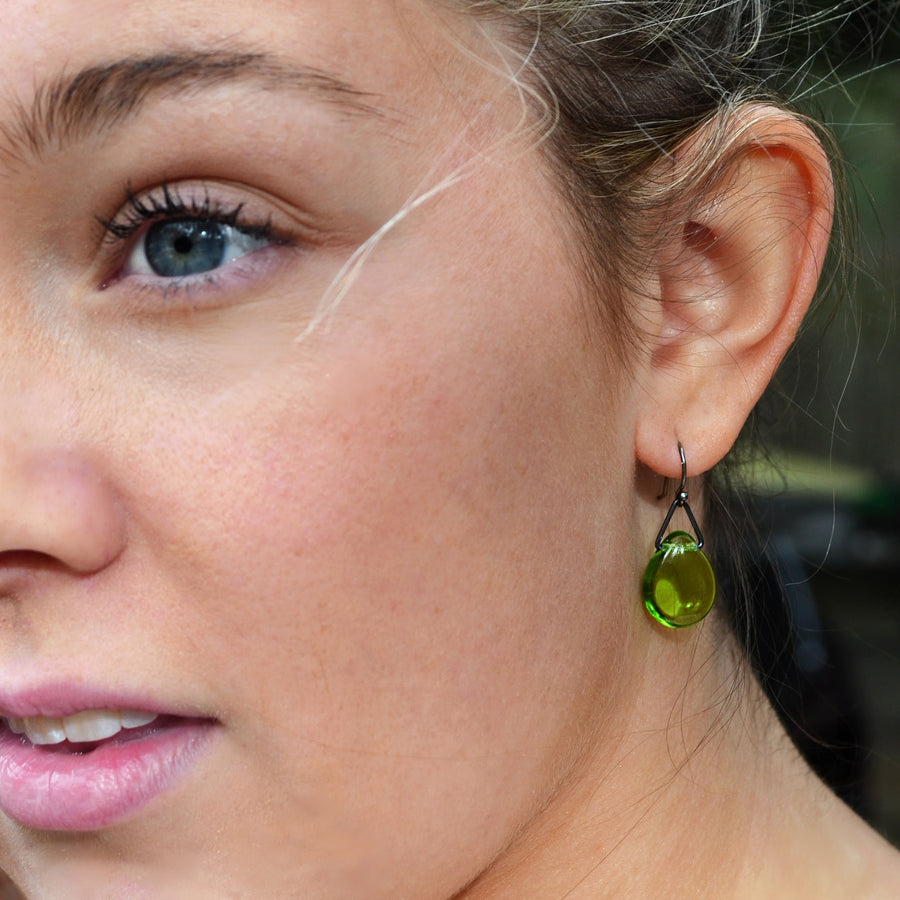 Small Green Glass Teardrop Earring, Vintage Glass Truly Hand Made in USA by Louisiana Artisans at Bayou Glass Arts Studio. Best gift for Wedding, Mom, Sister, Daughter. Sterling Silver components.
