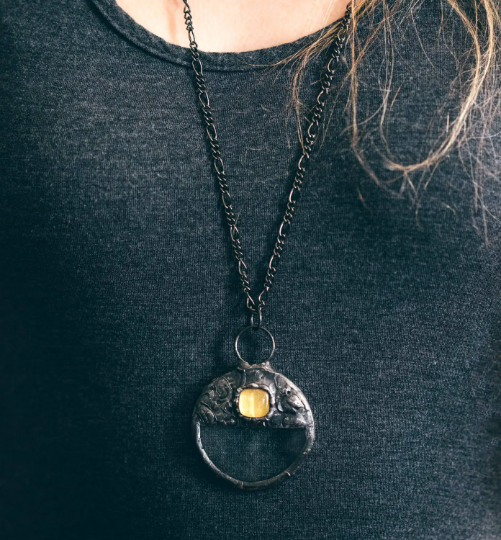 Real Magnifying Glass Pendant with Mosaic Tile Inset Necklace. Truly Handmade in USA by Louisiana Artisan at Bayou Glass Arts Studio.