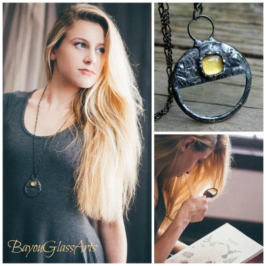 Collage of Real Magnifying Glass Pendant with Mosaic Tile Inset Necklace. Model, alone and in use. Truly Handmade in USA by Louisiana Artisan at Bayou Glass Arts Studio.