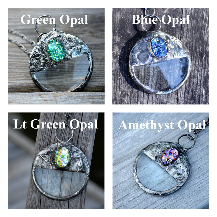 Collage of 4 pictures showing the Handmade Magnifying Glass Necklace. Green Opal Inset, Blue Opal Inset, Light Green Opal Inset,  Amethyst Opal Inset.