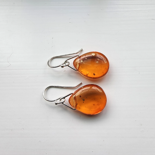 Handmade Orange Drop Glass Earrings with all Sterling Silver Ear Wires and findings. Truly Hand Made in USA by Louisiana Artisan at Bayou Glass Arts Studio.