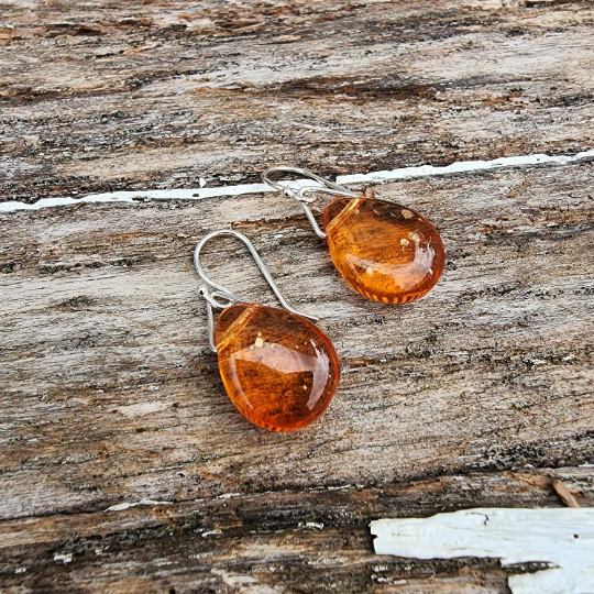 Handmade Orange Drop Glass Earrings with all Sterling Silver Ear Wires and findings. Truly Hand Made in USA by Louisiana Artisan at Bayou Glass Arts Studio.
