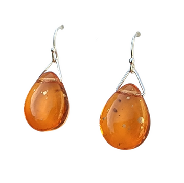Handmade Orange Drop Glass Earrings with all  Sterling Silver Ear Wires and findings. Truly Hand Made in USA by Louisiana Artisan at Bayou Glass Arts Studio. 