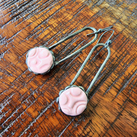 pink ceramic dot earrings, long dangle earrings, sterling silver ear wires, 