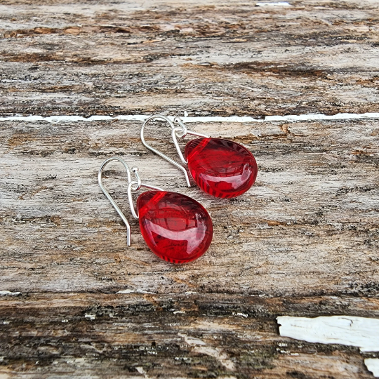 Handmade Red Glass Drop Earrings with Hand formed Sterling Silver Ear Wires and findings. Truly Hand Made in USA by Louisiana Artisan at Bayou Glass Arts Studio.