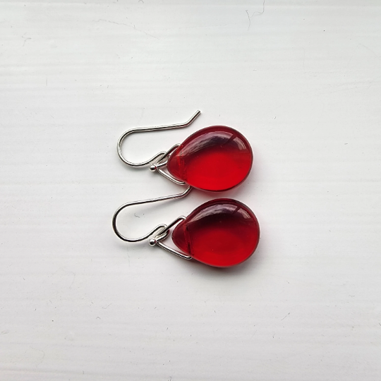 Handmade Red Glass Drop Earrings with Hand formed Sterling Silver Ear Wires and findings. Truly Hand Made in USA by Louisiana Artisan at Bayou Glass Arts Studio. 