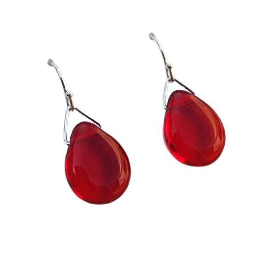 Handmade Red Glass Drop Earrings with Hand formed Sterling Silver Ear Wires and findings. Truly Hand Made in USA by Louisiana Artisan at Bayou Glass Arts Studio.