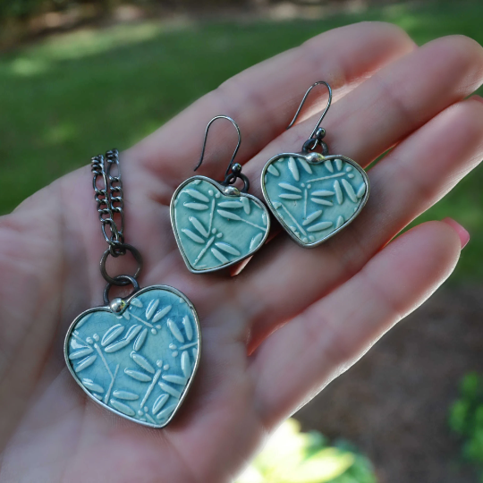 Teal blue set of Ceramic Heart shaped Dragonfly Necklace and Earrings, Sterling silver ear wires