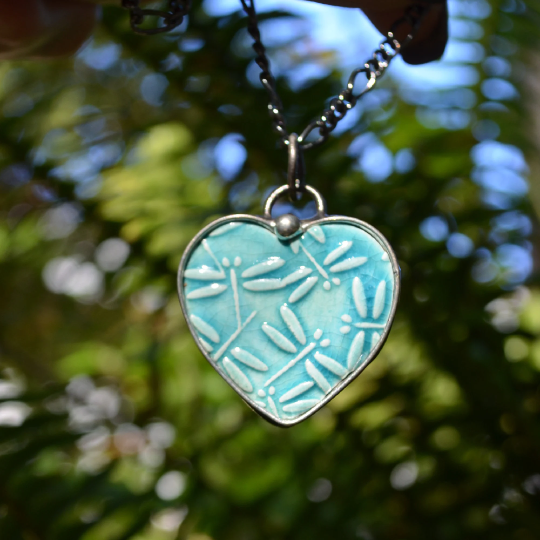 Ceramic Heart with Dragonfly impressed in Teal Blue Necklace
