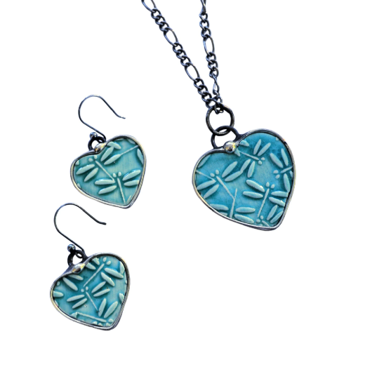 Aqua blue set of Ceramic Heart shaped Dragonfly Necklace and Earrings, Sterling silver ear wires