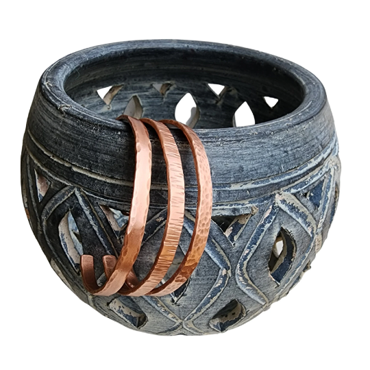 3 copper cuff bracelets, one of each. Full hand hammered, edge and bark. Each has a different look. Truly Hand made in Louisiana USA at Bayou Glass Arts Studio.
